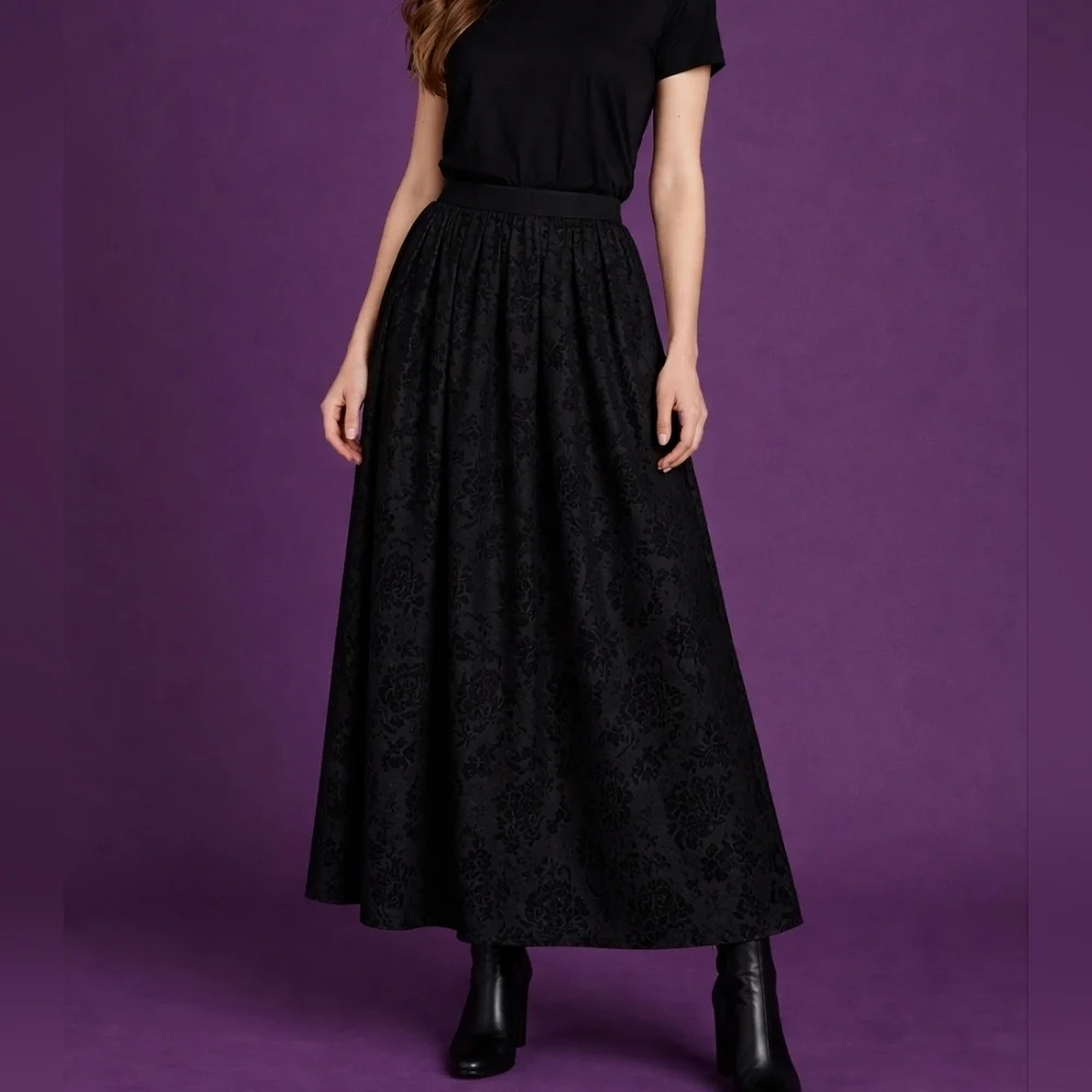 VTG HONORS Elegant Black Jacquard Witchy Goth Maxi Skirt